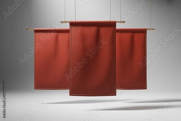 Obraz Three Hanging Textured Terracotta Banners with Golden Rods on Gray Background Studio Shot
