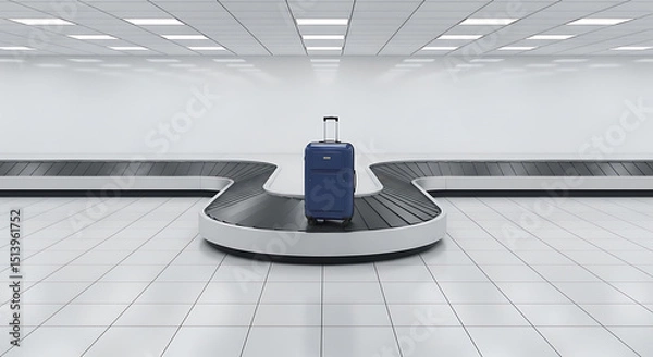Fototapeta A single blue suitcase sits on the baggage carousel in a spacious, bright airport. The area is minimally designed, emphasizing cleanliness and organization.