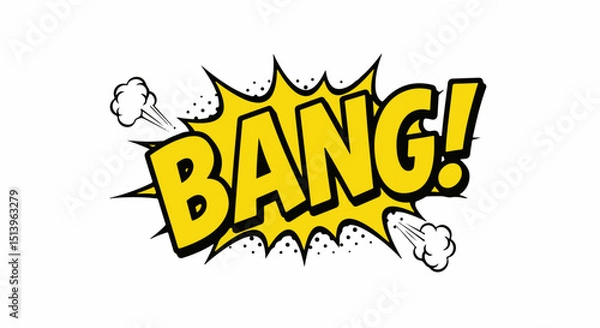 Fototapeta Yellow bang comic book explosion sound effect.  Dynamic bang text with starburst and smoke effects.  This powerful bang illustration is perfect for new year cards and holiday announcements.