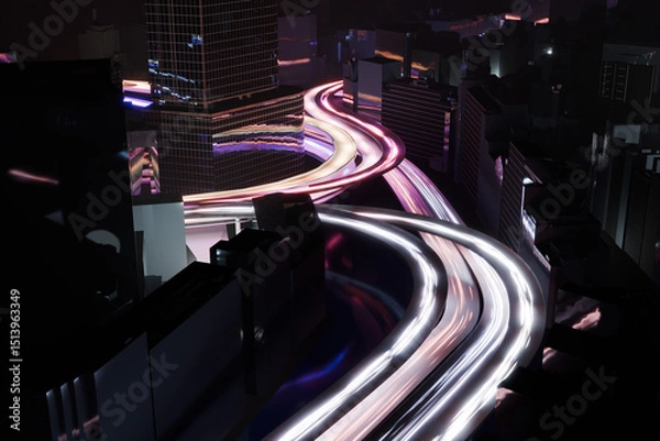 Obraz 東京の首都高速道路の江戸橋ジャンクションを模した架空の道路を行き交う車の軌跡のイメージ
