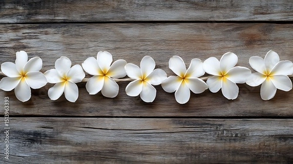Fototapeta White frangipani flowers on wooden background with copy space.