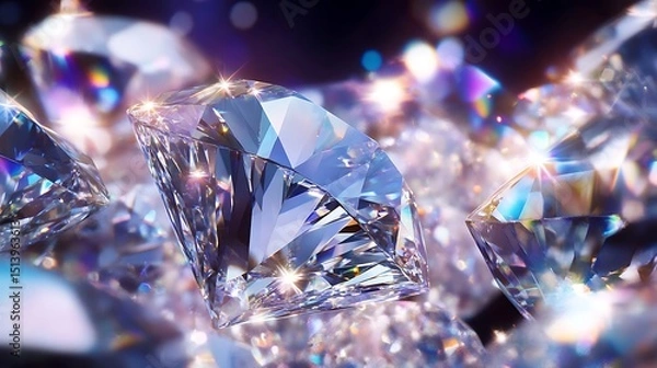 Fototapeta closeup of a group of diamonds on a purple background, 3d render