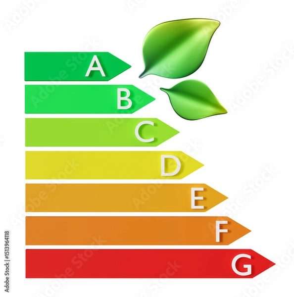 Fototapeta This 3D rendering displays an energy efficiency rating chart illustrating various performance levels for ecological houses. The chart emphasizes energy classes from A to G, promoting sustainability