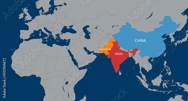 Fototapeta Map highlighting India, Pakistan, and China: geopolitical relations and territorial boundaries in South Asia