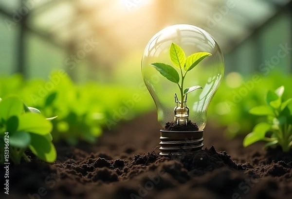 Obraz Light bulb grows with plant, graph. New business idea, financial investment, environmental protection. Renewable eco green energy concept, innovative future technology, sustainable growth