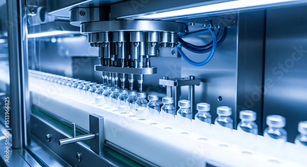 Fototapeta High-tech machinery efficiently fills clear vials with liquid in a sterilized pharmaceutical facility. The setting suggests precision and a focus on quality in production processes.