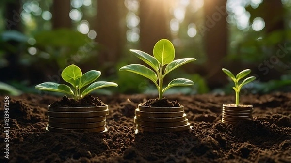 Obraz Light bulb grows with plant, graph. New business idea, financial investment, environmental protection. Renewable eco green energy concept, innovative future technology, sustainable growth
