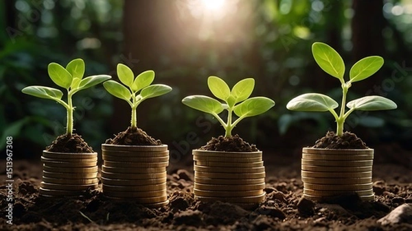 Fototapeta Light bulb grows with plant, graph. New business idea, financial investment, environmental protection. Renewable eco green energy concept, innovative future technology, sustainable growth