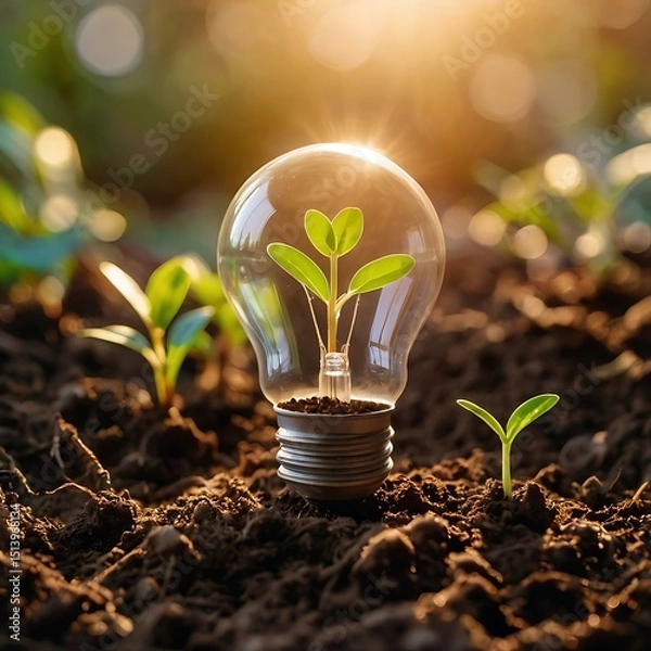 Obraz Light bulb grows with plant, graph. New business idea, financial investment, environmental protection. Renewable eco green energy concept, innovative future technology, sustainable growth