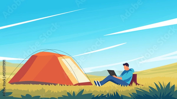 Fototapeta Digital Nomad Working from Tent in Nature