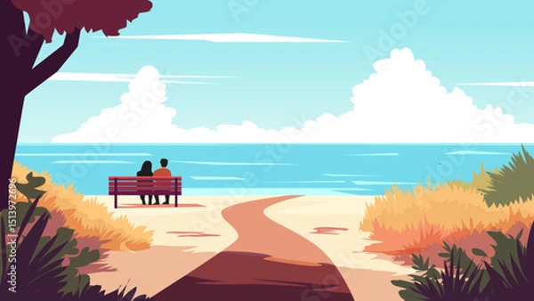 Fototapeta Couple Enjoying a Peaceful Beach View from a Bench
