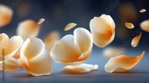 Fototapeta Petals Falling Gracefully From Above in Soft Orange and Cream Hues Against a Blurred Dark Background