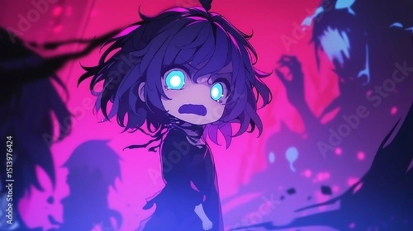 Obraz The chibi character turns pitch black with glowing white eyes, shaking and angry, colorful anime style