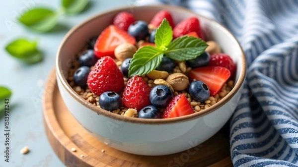 Fototapeta A bowl of granola or muesli with fresh berries, nuts, and mint leaves on a wooden board with a blue and white chevron patterned cloth
