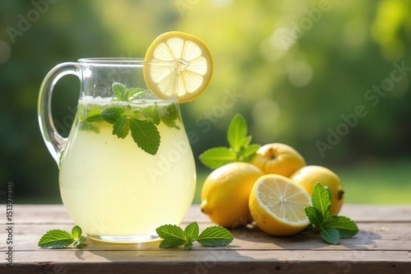 Obraz Refreshing lemonade with mint lemons in garden setting