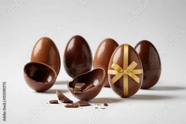 Obraz Chocolate Easter Eggs with Ribbon and Open Egg Revealing Pieces Inside on White