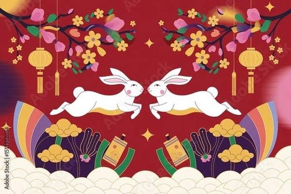 Obraz Illustrated Lunar New Year Design with Rabbits, Blossoms, Lanterns, and Traditional Embellishments
