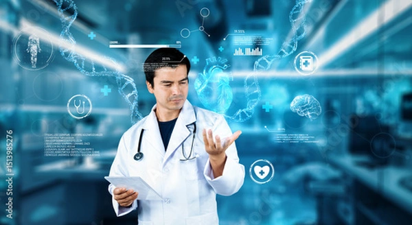 Fototapeta Doctor wearing VR glasses and lab coat pointing at medical data while managing augmented reality technology and standing at laboratory with blurring background. Healthcare and innovation. Ingenuity.