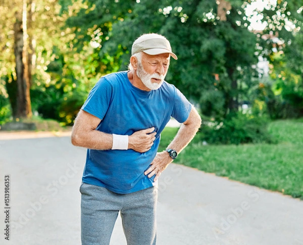 Fototapeta portrait of a senior man exercising and running outdoors having cardio problems chest pain