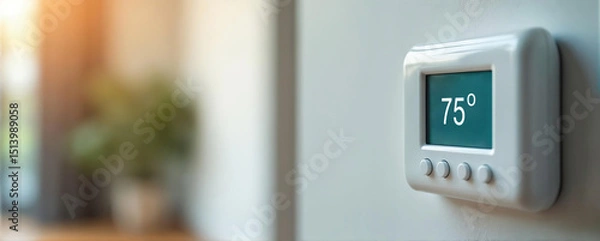 Fototapeta Digital Thermostat Display indicating a temperature against a softly lit interior background with copy space
