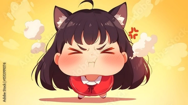 Obraz A tsundere chibi character with puffed cheeks and steam coming out of her ears, colorful anime style