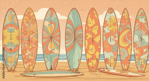 Obraz Retro Surfboards on Sandy Beach - Colorful vintage surfboards line a sandy beach under a sunset sky. A nostalgic summer vibe