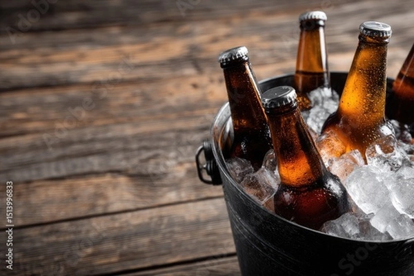 Fototapeta Iced beer bottles in a metal bucket with rustic wood background, ideal for summer bar ads, party flyers, pub menus, beverage promotions, and refreshment concepts