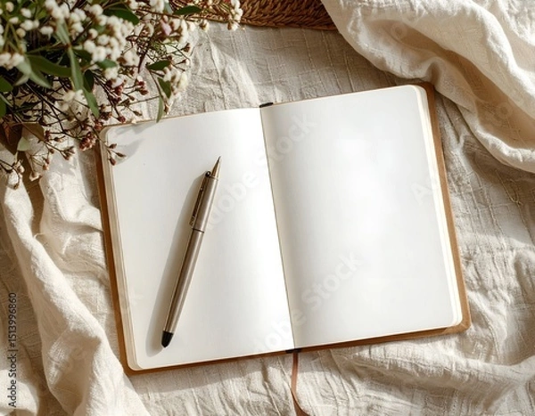 Fototapeta Open Journal with Pen on White Cloth, Top View with Green Plants