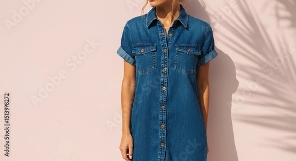 Obraz Denim Shirt Dress Summer Fashion 2025 - Casual summer , denim shirt dress, button-down, short sleeves, relaxed fit. Represents comfort, versatility, effortless chic, and timeless appeal
