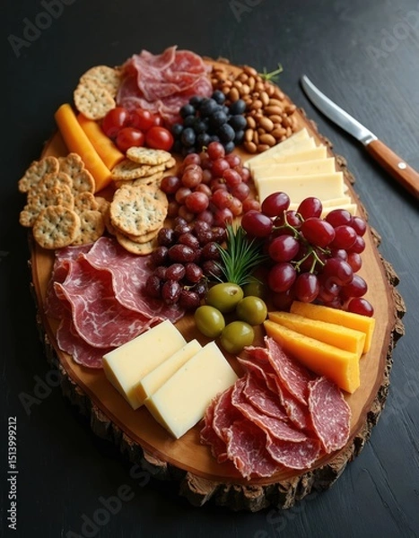 Fototapeta Top view charcuterie board with delicious meat, cheese assortment on black table. Salami, prosciutto, brie, gouda, cheddar, olives, grapes, crackers, nuts. Party snack, appetizer. Rustic food,