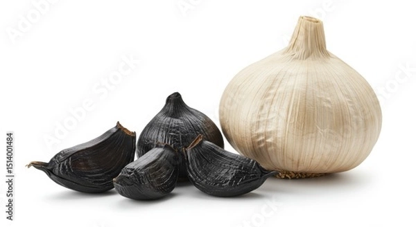 Obraz Fresh White and Black Garlic Bulbs - Close-up shot of whole white garlic bulb and several cloves of fermented black garlic