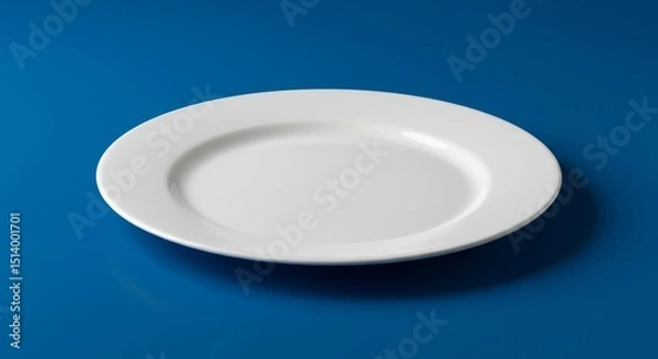 Obraz Simple White Plate on Blue Background - Clean, minimalist design. Empty plate symbolizes potential, simplicity, freshness, new beginnings, and culinary possibilities