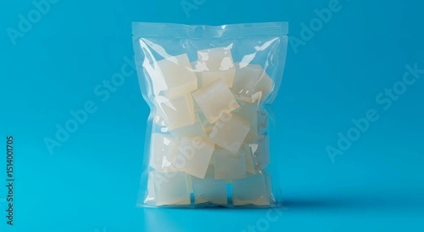 Obraz Cubed Gelatin Dessert in Clear Packaging - A bag of translucent, cubed gelatin dessert. Purity, freshness, simplicity, sweetness, and treat