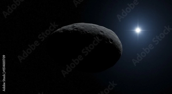 Obraz Asteroid in Deep Space - A dark asteroid floats in the inky blackness of space, a distant star shining brightly in the background