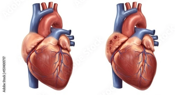 Obraz Healthy Versus Diseased Heart Comparison - Medical illustration comparing a healthy heart to one with significant blockages. Ideal for educational materials