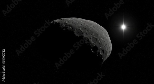 Obraz Celestial Body and Distant Star - A grayscale showcasing a cratered celestial body partially illuminated, with a bright star in the background against a black backdrop