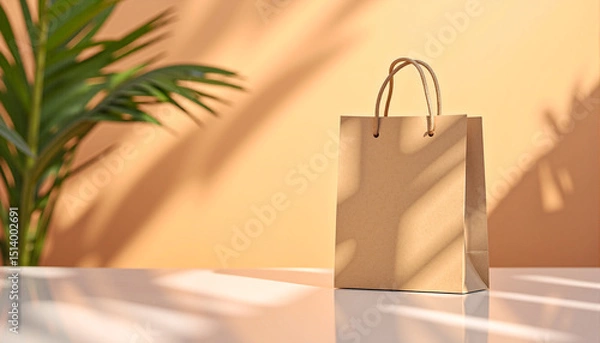 Obraz Minimalist Kraft Paper Shopping Bag on Reflective Surface – Retro Summer Lifestyle Scene with Palm Shadows, Sunset Glow, and Peach-Beige Gradient Background, Ideal for Branding and Promotional Design