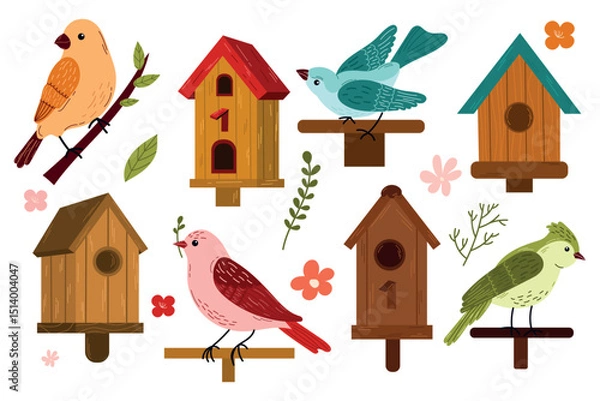 Obraz Small set of spring birds and birdhouses.Birdhouse with a bird, homemade nests, feeders and homes, for summer and spring birds. Cartoon cute colorful birdhouses collection, feeder on garden tree
