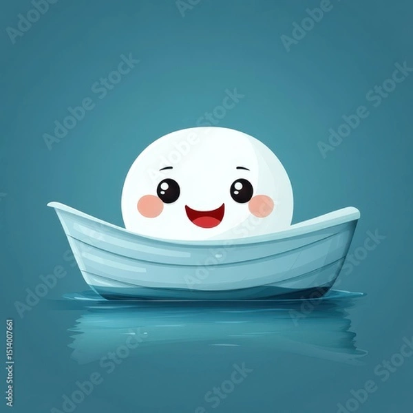 Fototapeta Happy cartoon character sailing in a small boat on a calm blue sea during a sunny day