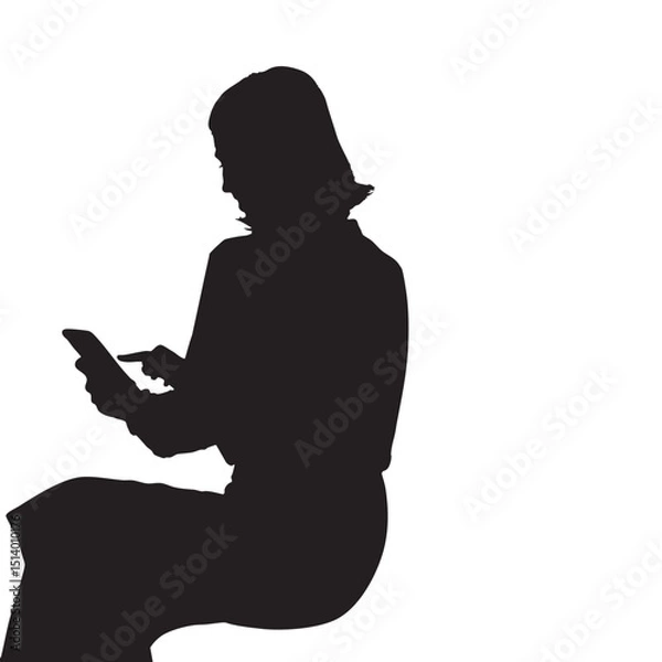 Fototapeta Silhouette of Woman Sitting and Using Smartphone on White Background
