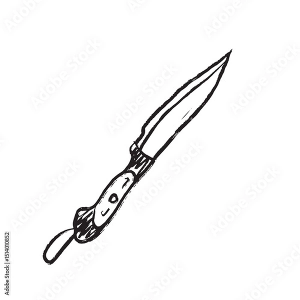 Fototapeta Foldable knife as a tourism equipment item in black brush stroke texture isolated on white. Hand drawn vector sketch illustration in vintage charcoal ink. Travel, vacation, camping accessory.