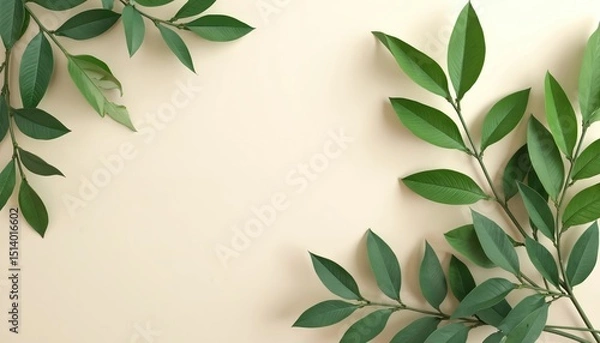 Fototapeta Elegant minimalist nature background with fresh green leaves branches. Beige background for business, presentations, eco-friendly design, advertising. Modern, trendy, stylish wallpaper. Copy space.