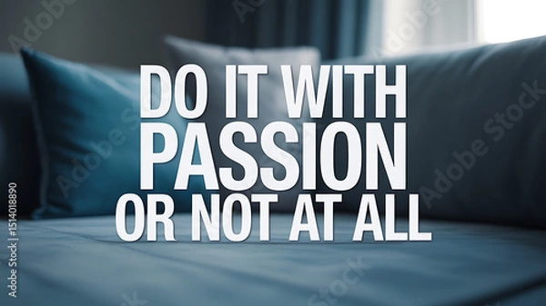 Obraz Motivational quote on a couch with blue pillows in a softly lit room