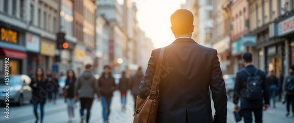 Fototapeta wide horizontal backward photo of businessman hanging a bag and walking through an urban city buildings in a crowded street with copy space 