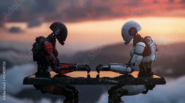 Fototapeta Robots playing chess at sunset, AI intelligence concept.