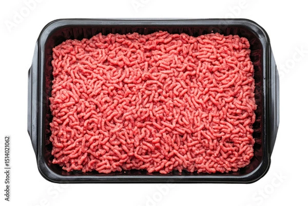 Fototapeta Fresh raw ground beef in a black tray against a dark background in a close up