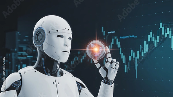 Obraz White robot holding glowing sphere with stock chart background concept art