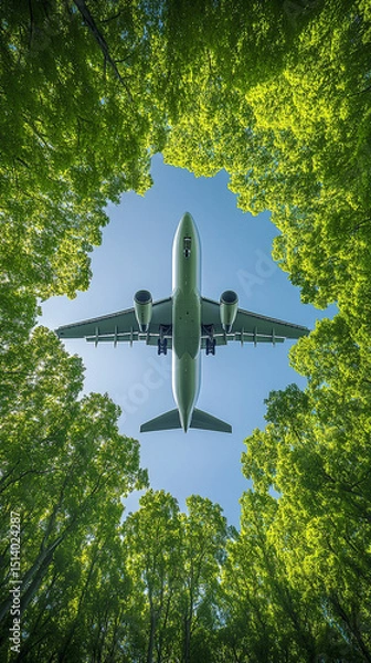 Fototapeta Airplane flies overhead on a bright day framed by lush green trees. Symbolizing sustainable aviation and eco-friendly transport, showcasing innovation in green and future-forward transportation soluti