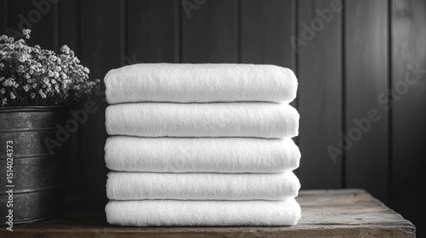 Fototapeta Stacks of clean white linens, sheets, and towels neatly folded, showcasing professional laundry service excellence. Spotless textiles ready for commercial use, emphasizing hygiene, freshness, and unif