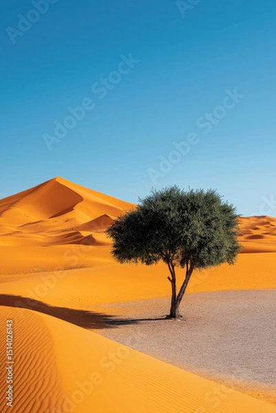Obraz A tree is standing in the desert with a blue sky in the background. The desert is orange and the tree is green